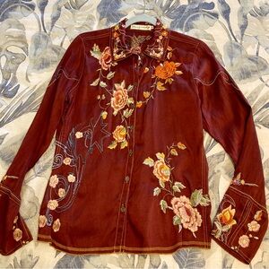 Classic “Johnny Was” embroidered long, sleeved button front shirt.